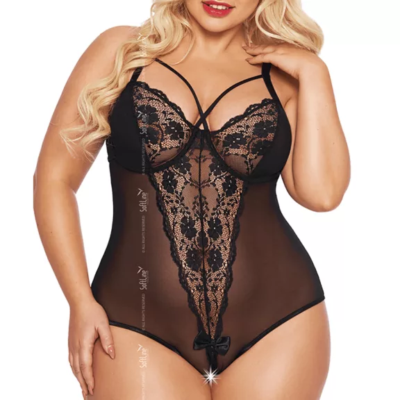Nagyméretű alul nyitott fekete csipkés szexi body Amanda