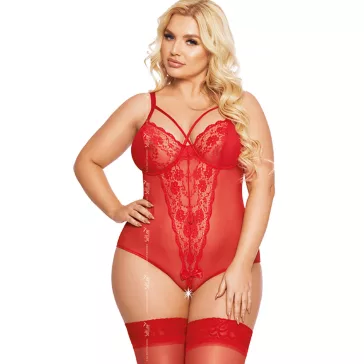 Nagyméretű alul nyitott piros csipkés szexi body Amanda