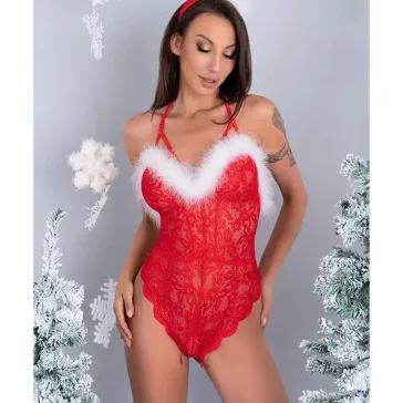 LivCo alul nyitott piros csipke body Santas Lace Lady